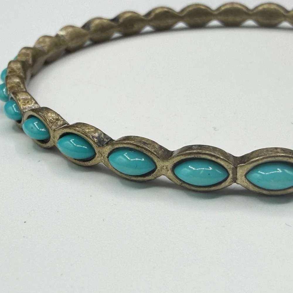 Vintage Style Turquoise & Brass Tone Cabochon Bangle Bracelet Boho Southwestern